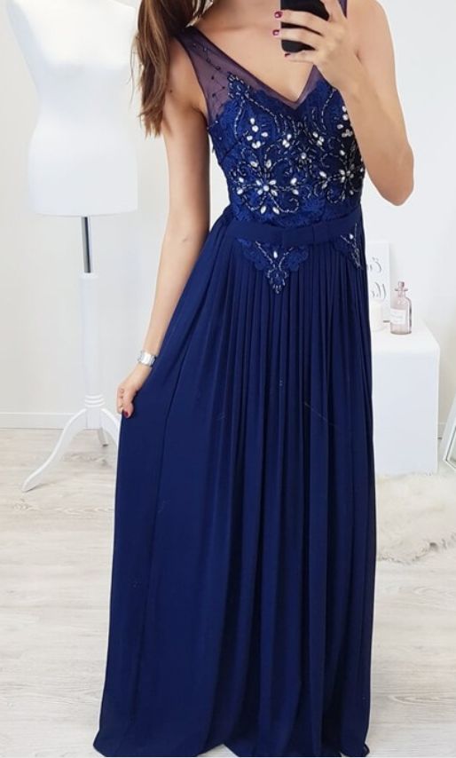 Charming V neck Navy Blue Crystal Beading Evening Dress, Long Prom Dresses with Appliques cg9112