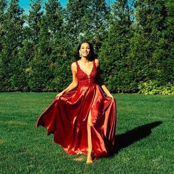Red Prom Dress,A-line Prom Gown, V-Neck Prom Dress,Lace Wedding Gown cg9119