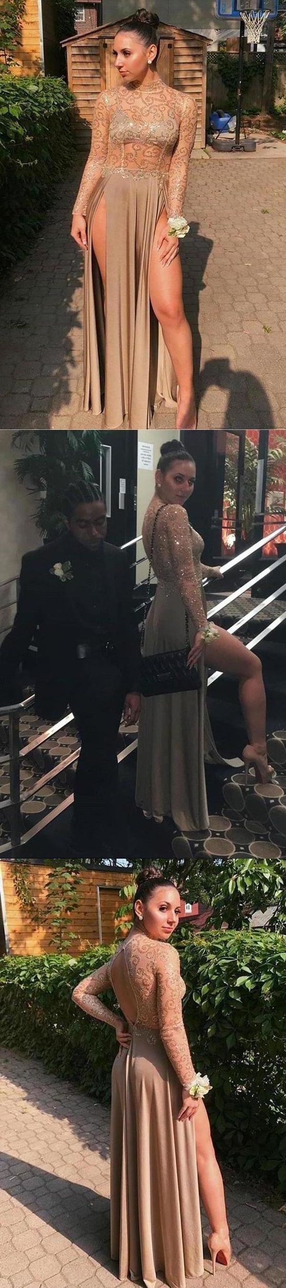 A Line Long Sleeve High Neck Brown Prom Dresses High Slit Floor Length Party Dresses cg9137
