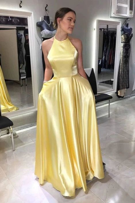 halter yellow satin prom dresses, lace-up yellow satin prom dresses cg9155