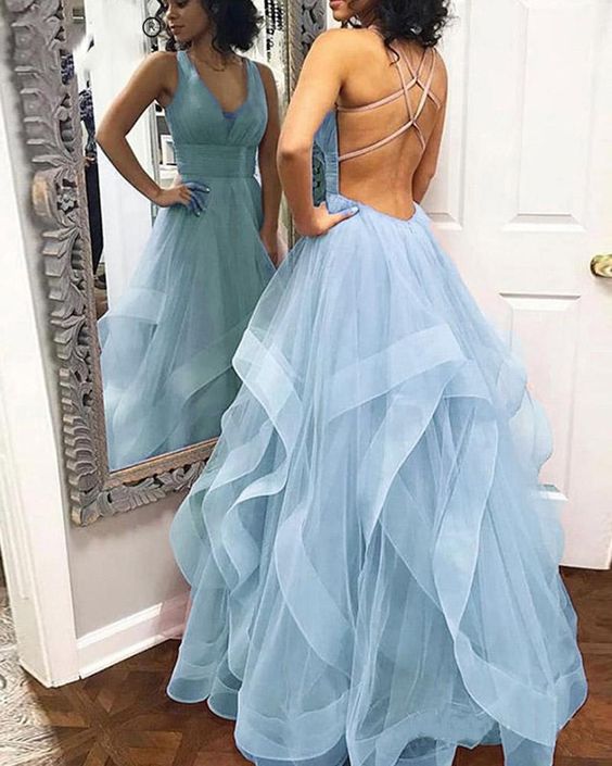 Fancy sky blue/Rose Pink Layered Prom Dress with Straps Formal Wear 2020 cg9190