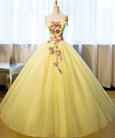 YELLOW TULLE OFF SHOULDER A-LINE FLOOR LENGTH EVENING DRESS PROM DRESS WITH FLOWER APPLIQUES cg9194