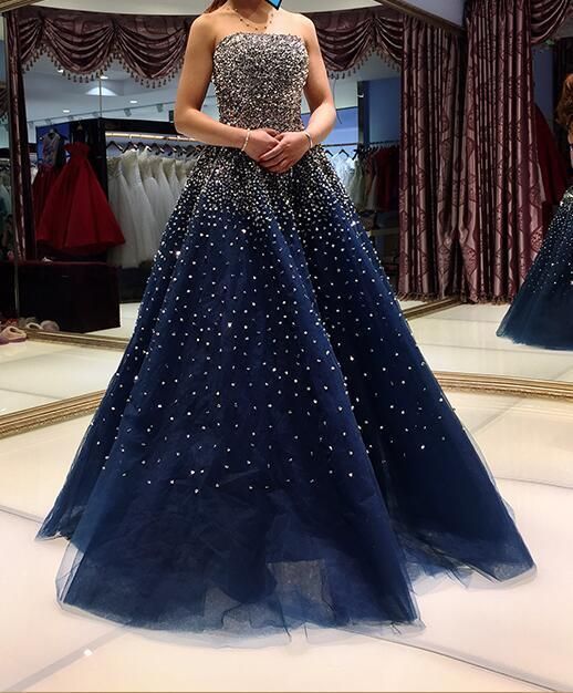 Blue Sequins Long Tulle Sweet 16 Gown, Blue Party Dress prom dress cg9199