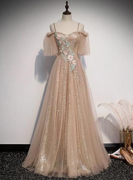 Charming Champagne Tulle and Sequins Long Party Dress, A-line Prom Dress cg9200