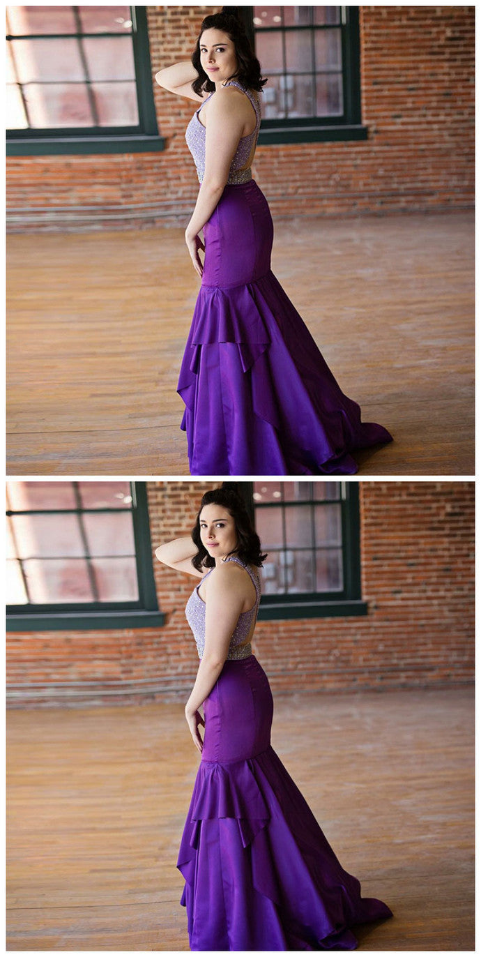 Mermaid Round Neck Open Back Purple Beaded Prom Dress cg9204