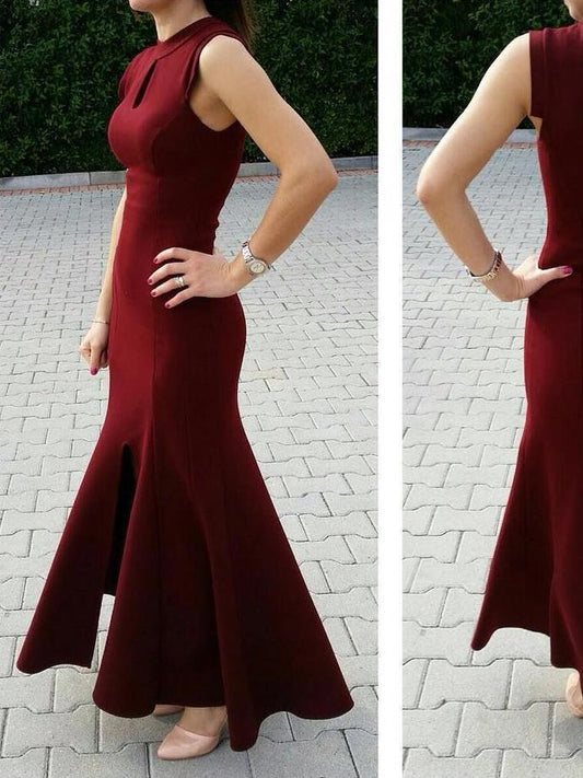 Schickes Burgunderrotes Ballkleid mit U-Ausschnitt, Etui-Linie, knöchellang, Ballkleid/Abendkleid cg9208