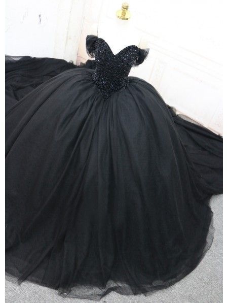 Black Gothic Beading Off-the-Shoulder Ball Gown Wedding prom Dress cg9226