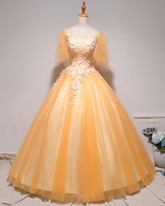 Yellow Tulle Lace Cap Sleeve Long Formal Prom Dress, Evening Dress cg9232