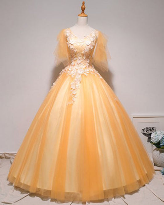 Gelbes Tüll-Spitzen-Abendkleid mit Flügelärmeln, langes formelles Ballkleid, Abendkleid cg9232