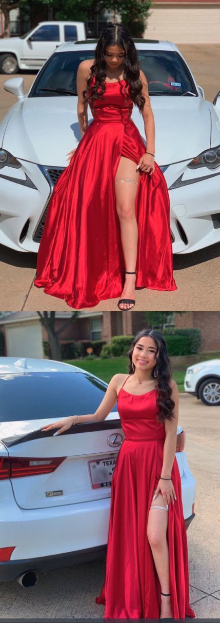Sexy Red Long prom Dress with A leg Slit and Pockets cg9254