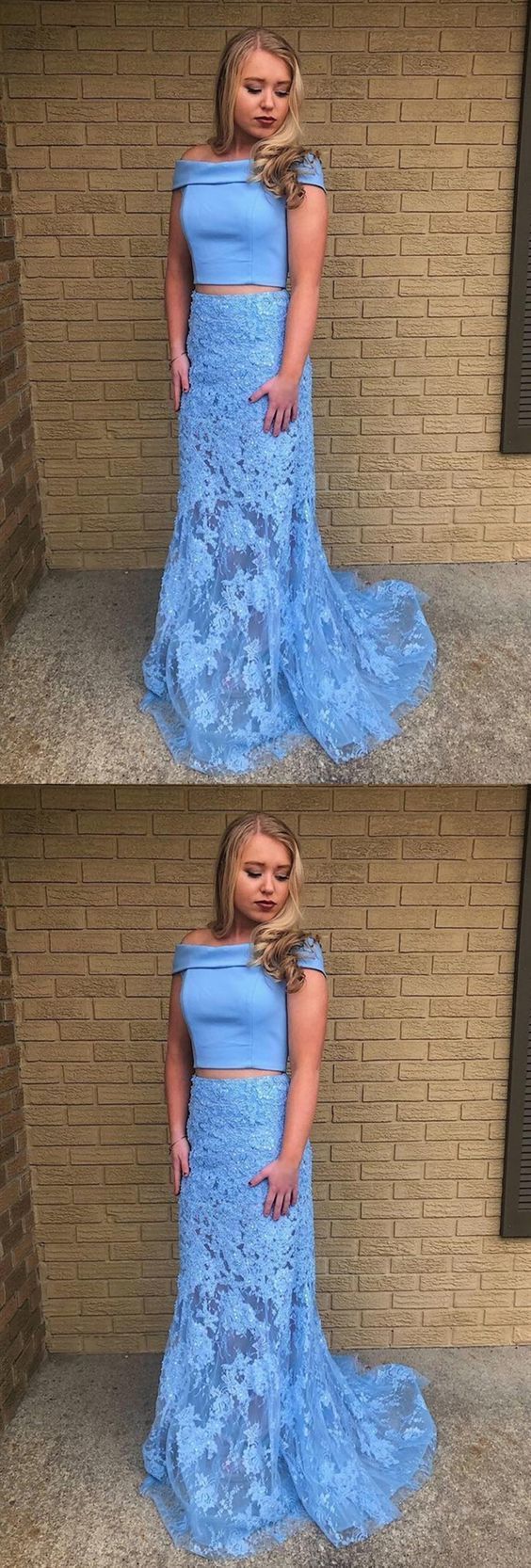 Off Shoulder Two Pieces Mermaid Lace Light Blue Long Prom Dresses with Train, Light Blue Lace Formal Dresses, Evening Dresses cg9278