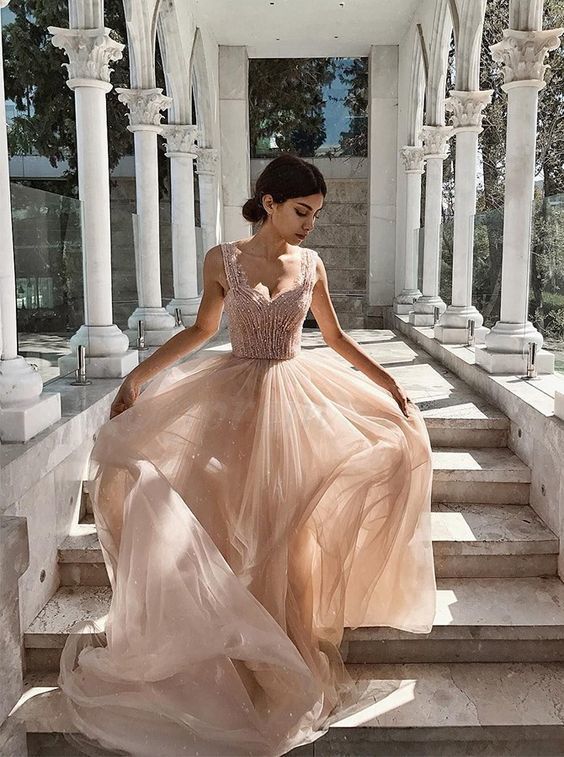 Sparkly Straps Long Prom Dress with Beading Sleeveless Blush Prom Gown cg9283