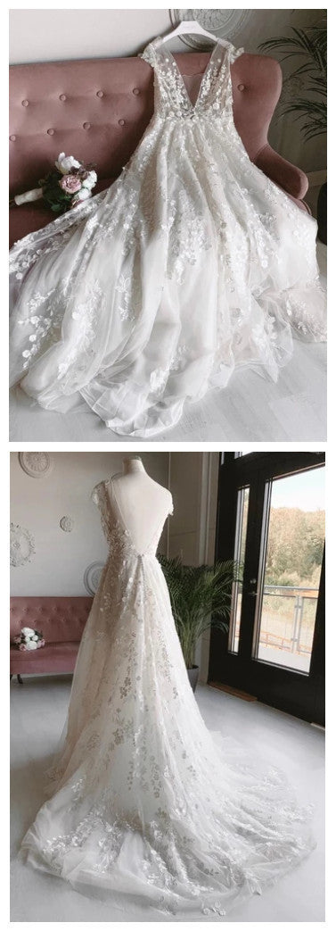 A-Linie V-Ausschnitt Langes Ballkleid mit Applikationen, rückenfreies Strandhochzeitskleid cg9288