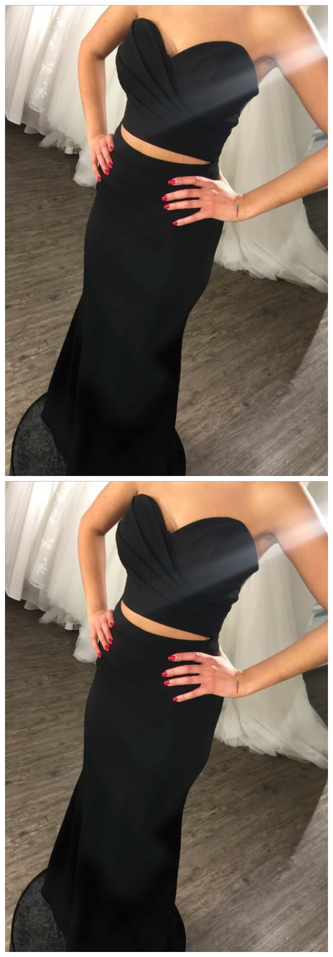 Charming Black Two Pieces Sweetheart Satin prom dress cg9290