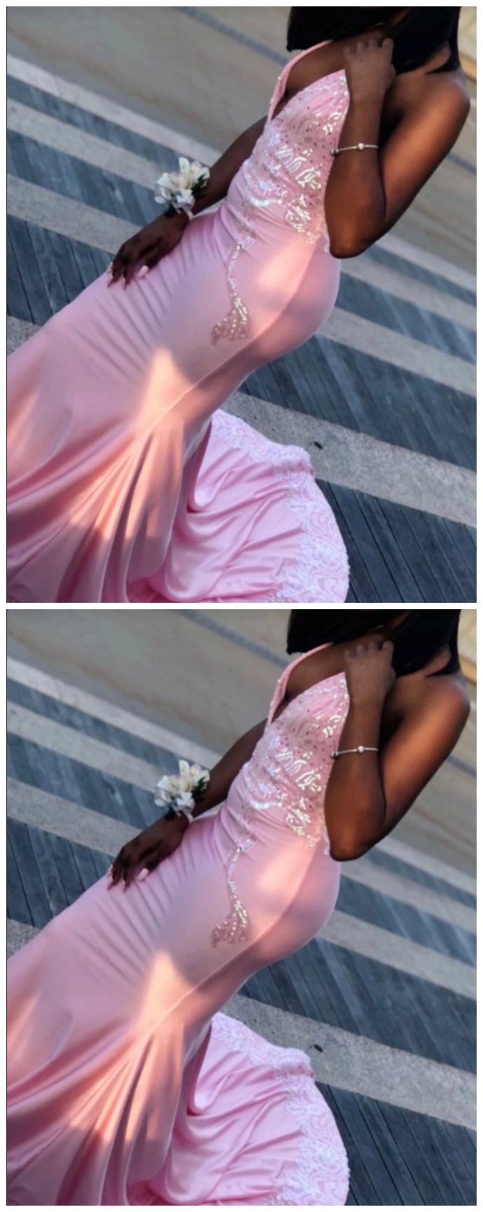 Unique Pink Halter Lace Sequin Satin Prom Dresses cg9294
