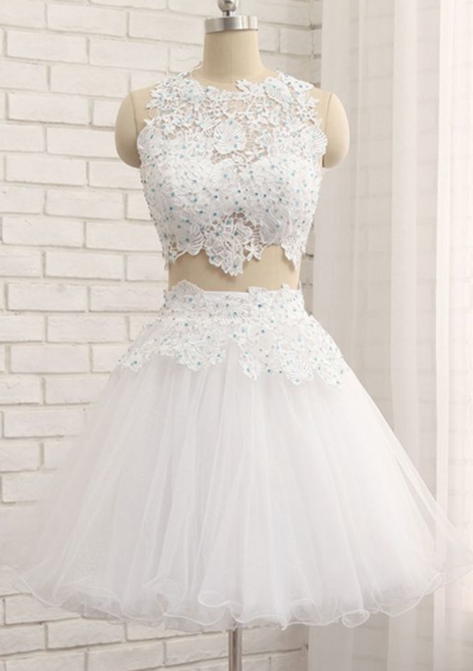 Weißes Tüll-Kurzes Zweiteiler-Heimkehrkleid, Spitzenkleid cg931