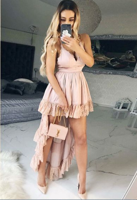 A-Linie Spaghettiträger High Low Blush Homecoming-Kleid mit Spitze cg932