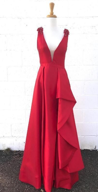 Charming V neck Red Satin Evening Dress, A Line Floor Length Prom Dress cg9321