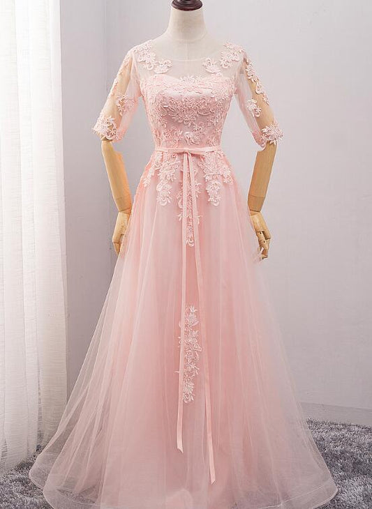 Rosa Tüll Kurze Ärmel Langes Brautjungfernkleid, Rosa Abendkleid cg9323