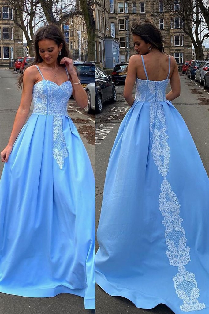 BLUE SWEETHEART NECK SATIN LACE LONG PROM DRESS BLUE FORMAL DRESS cg9325