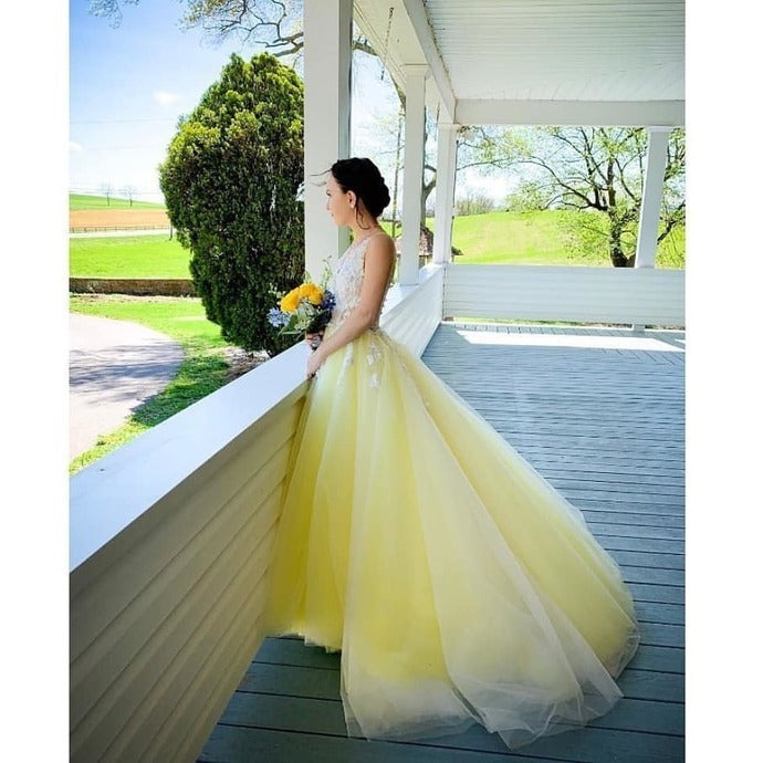 Yellow Prom Dress,Tulle Prom Gown,V-Neck Evening Dress,Appliques Prom Gown cg9332