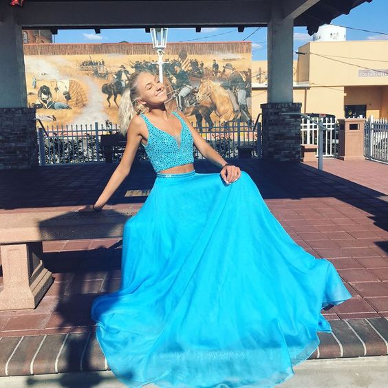 Gorgeous Two Piece Blue Chiffon Long Prom Dress with Side Slit cg9344