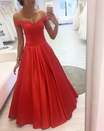 Off-Shoulder Satin V-neck Floor Length Prom Dresses Ball Gowns cg9346