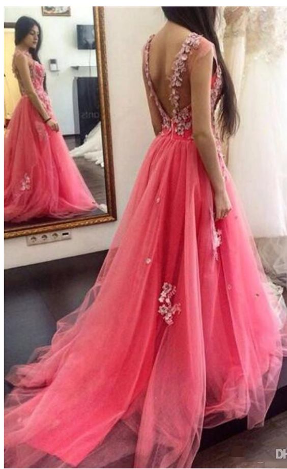 New Fashion V Back Backless Evening Dress, Sexy Tulle Long Prom Dress with Appliques cg9347