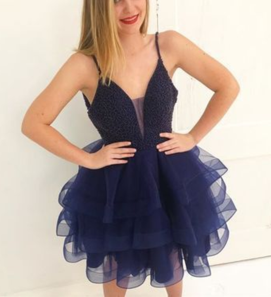 Schönes kurzes Kleid Homecoming-Kleid, Perlen marineblaues Kleid Homecoming-Kleid cg935