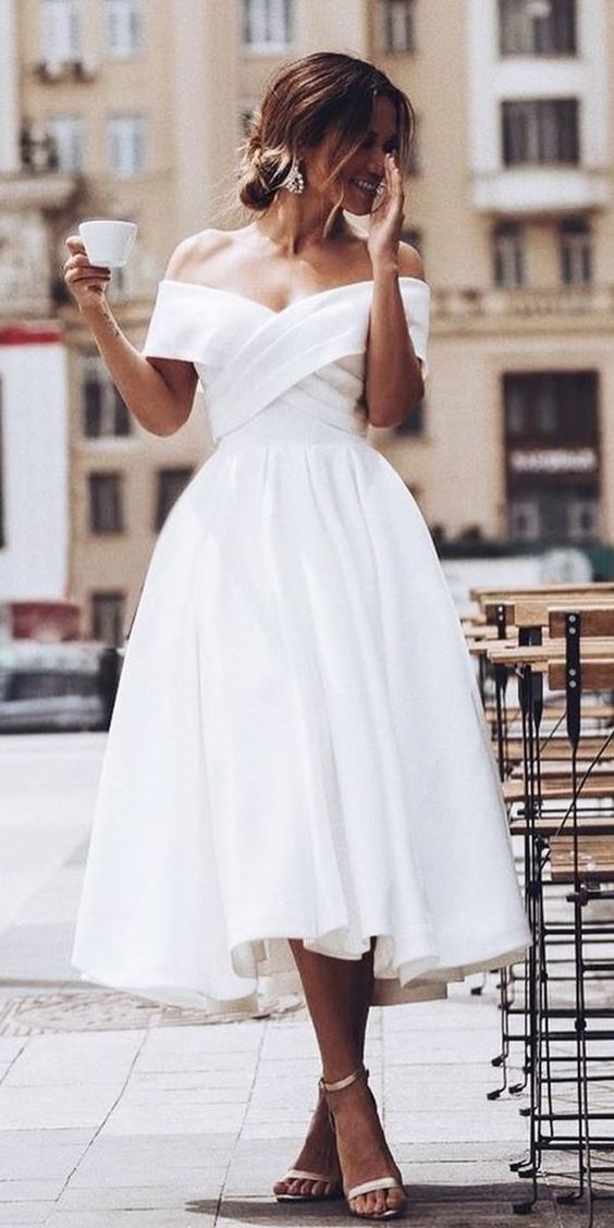 A Line Tea Length Prom Dresses White Wedding Guest Dress cg9386