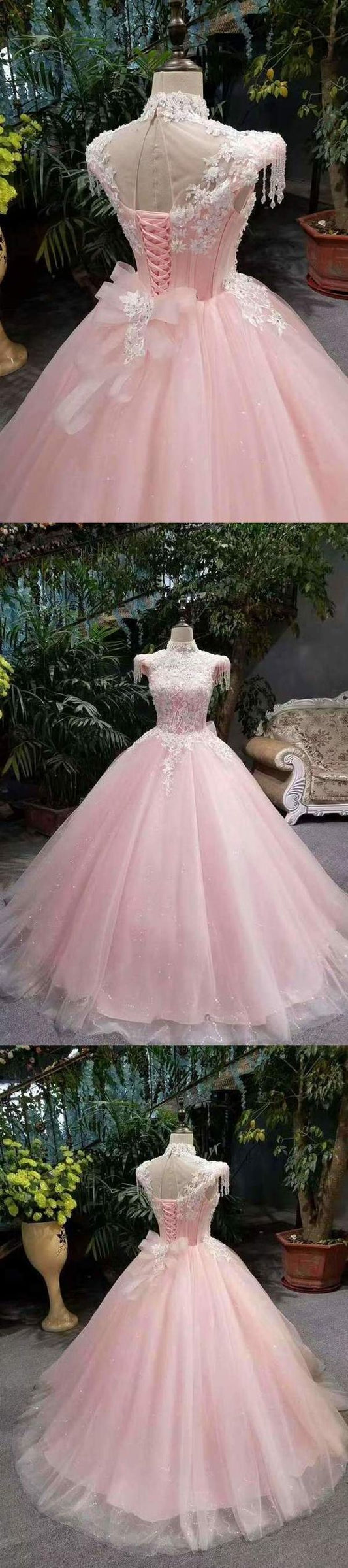 2020 Neue Ankunft Rosa Quinceanera Kleider Lace Up Mit Applikationen Und Perlen Ballkleid cg9390