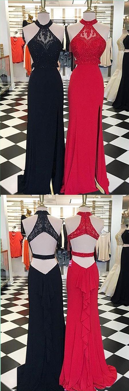 Charming Prom Dress, Halter Prom Dresses, Red And Black Beaded Evening Dress, Backless Prom Party Dress cg9391