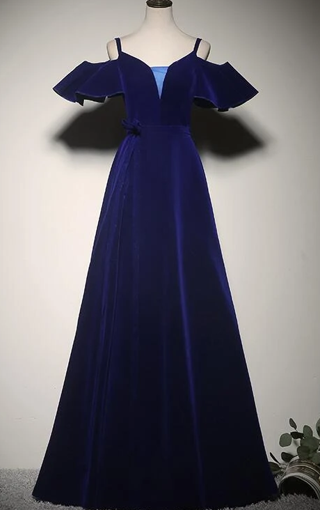 Elegant Blue Velvet Straps Long Party Dress, Long Evening Party prom Dress cg9403