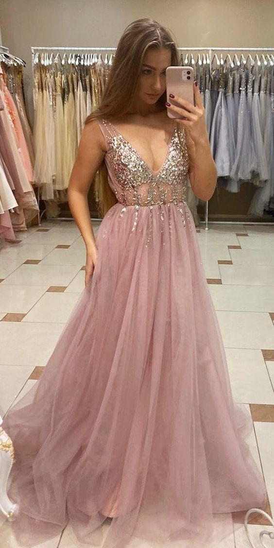 stunning v neckline pink tulle long evening dress with sequins bodice prom dress cg9405