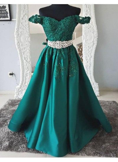 Grünes schulterfreies A-Linien-Abendkleid, langes Ballkleid mit Spitzenapplikationen, cg942