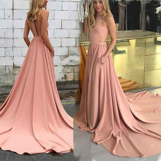 Elegantes A-Linien-Ballkleid mit hohem Halsausschnitt, ärmellos, Schleppe und Taschen, cg943