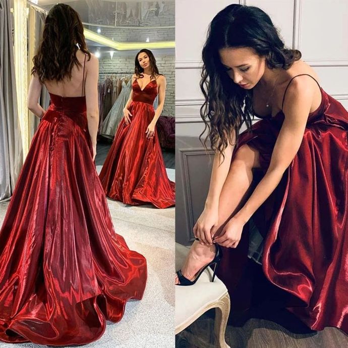 Burgundy Prom Dress,Satin Prom Gown,A-Line Evening Dress,V-Neck Prom Gown cg9435