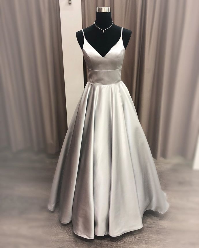Gray Prom Dress,Satin Prom Gown,A-Line Evening Dress,V-Neck Prom Gown cg9442
