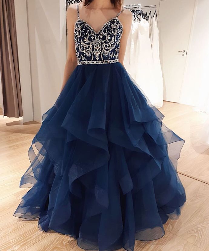 Navy Prom Dress,Tulle Prom Gown,Spaghetti Straps Evening Dress,Beading Prom Gown cg9445