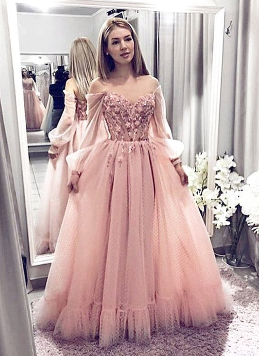 Rosa Off The Shoulder Langarm Lange Günstige Tüll Ballkleider Mit Applikationen cg945