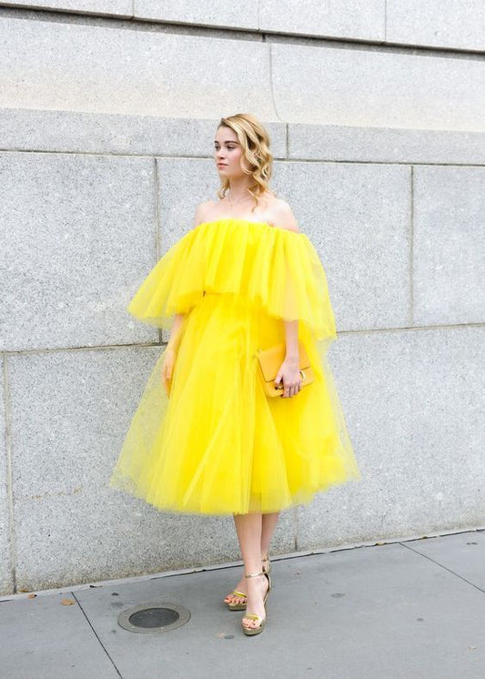 Gelbes Ballkleid, Tüllkleid, Kurzes Ballkleid, Off the Shoulder Brautkleid cg9453