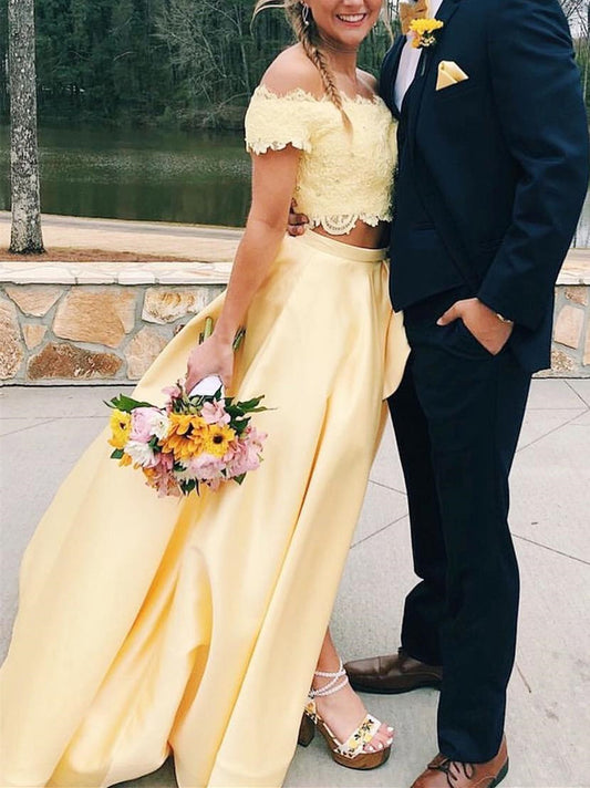 Zweiteiliges hellgelbes Ballkleid mit Spitzenperlen, langes A-Linien-Partykleid mit Seitenschlitz cg947