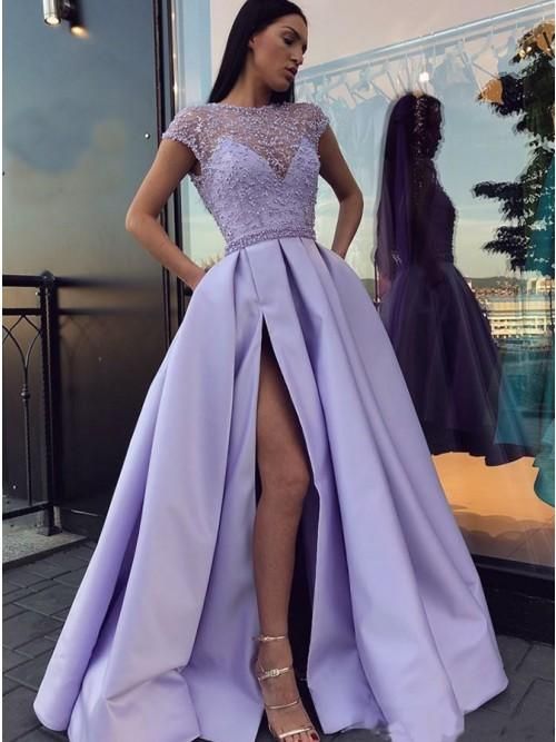 Charmantes Lavendel Perlenbesetztes Flügelärmelchen Langes Ballkleid cg949