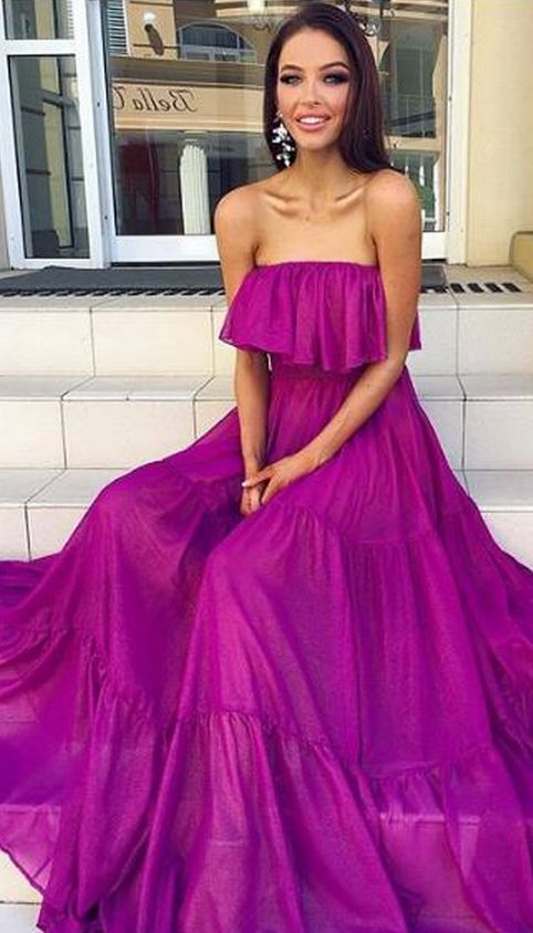 Elegant Formal Dress Evening Dress A-line Fuchsia Strapless Chiffon Long Evening Dresses Prom Dress cg9490