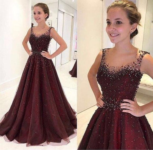 2019 Glitzerndes Burgunderrotes, rundhalsiges, langes Ball- und Abendkleid mit Tüllperlen cg950