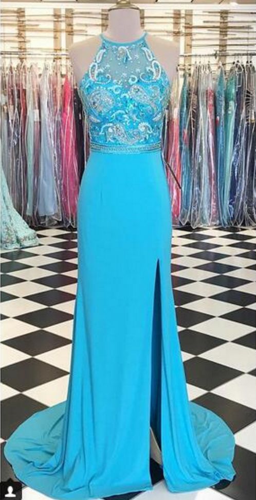 Babyblaues Meerjungfrau-Ballkleid mit Rundhalsausschnitt, Perlen und Kristallen, seitlicher Schlitz, Abendkleid cg9500
