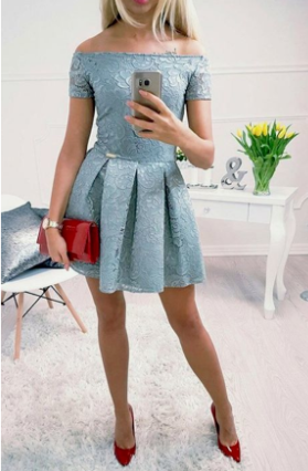 Staubiges blaues schulterfreies Homecoming-Kleid aus Spitze cg952