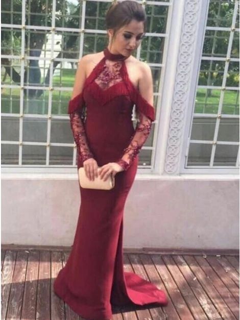 Mermaid Cold Shoulder Dark Red Prom Dress with Tassel Appliques cg9528