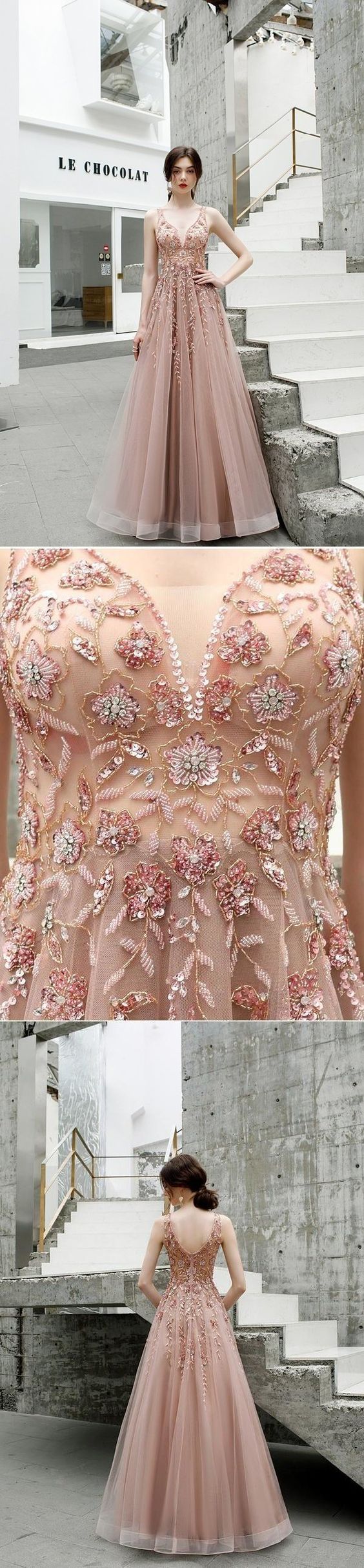 A Line V Neck Pink Beads Straps Prom Dresses Lace up, Long Dance cg9538