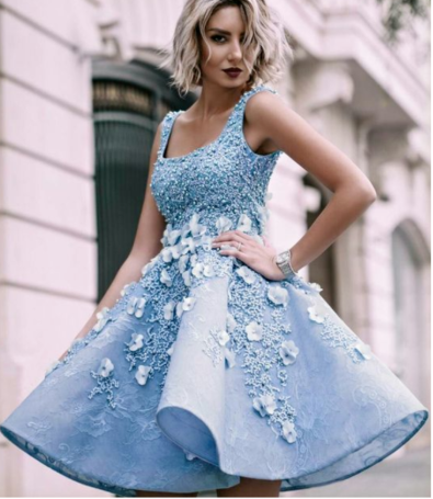 Himmelblau Perlen Applikationen Handgemachte Blumen Atemberaubende Homecoming Kleider cg954